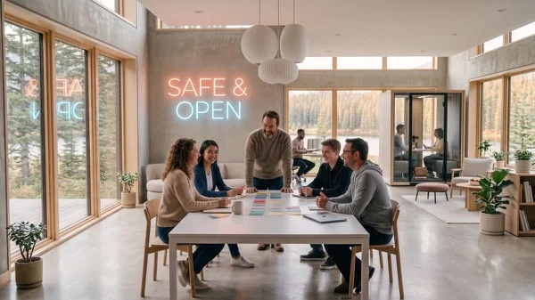 A team gathered around a white table with colored cards beneath a glowing SAFE & OPEN neon sign in a lakeside cabin office, illustrating what people get wrong about psychological safety