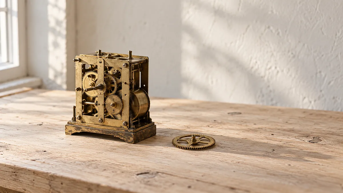 An open brass clock movement on a pale oak workbench with one gear lifted out beside it, illustrating why an operations hire fails