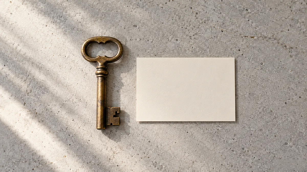 An old brass key beside a blank cream card on pale grey stone, illustrating the requirements to join YPO
