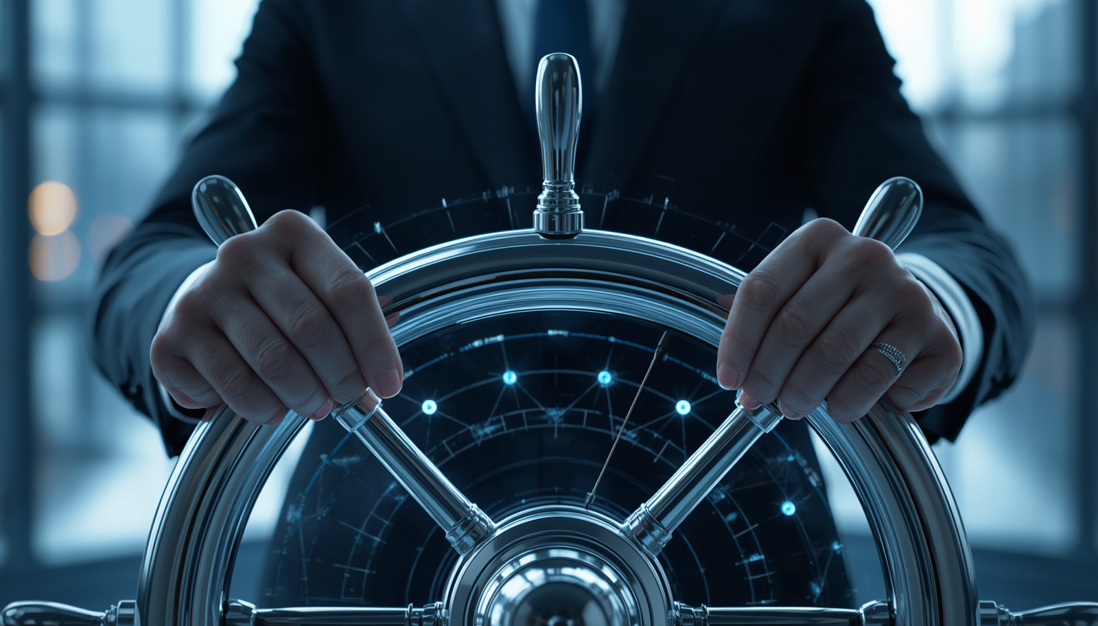 A business executive steering a wheel with digital data pathways, representing a leader owning an AI strategy rather than delegating it.