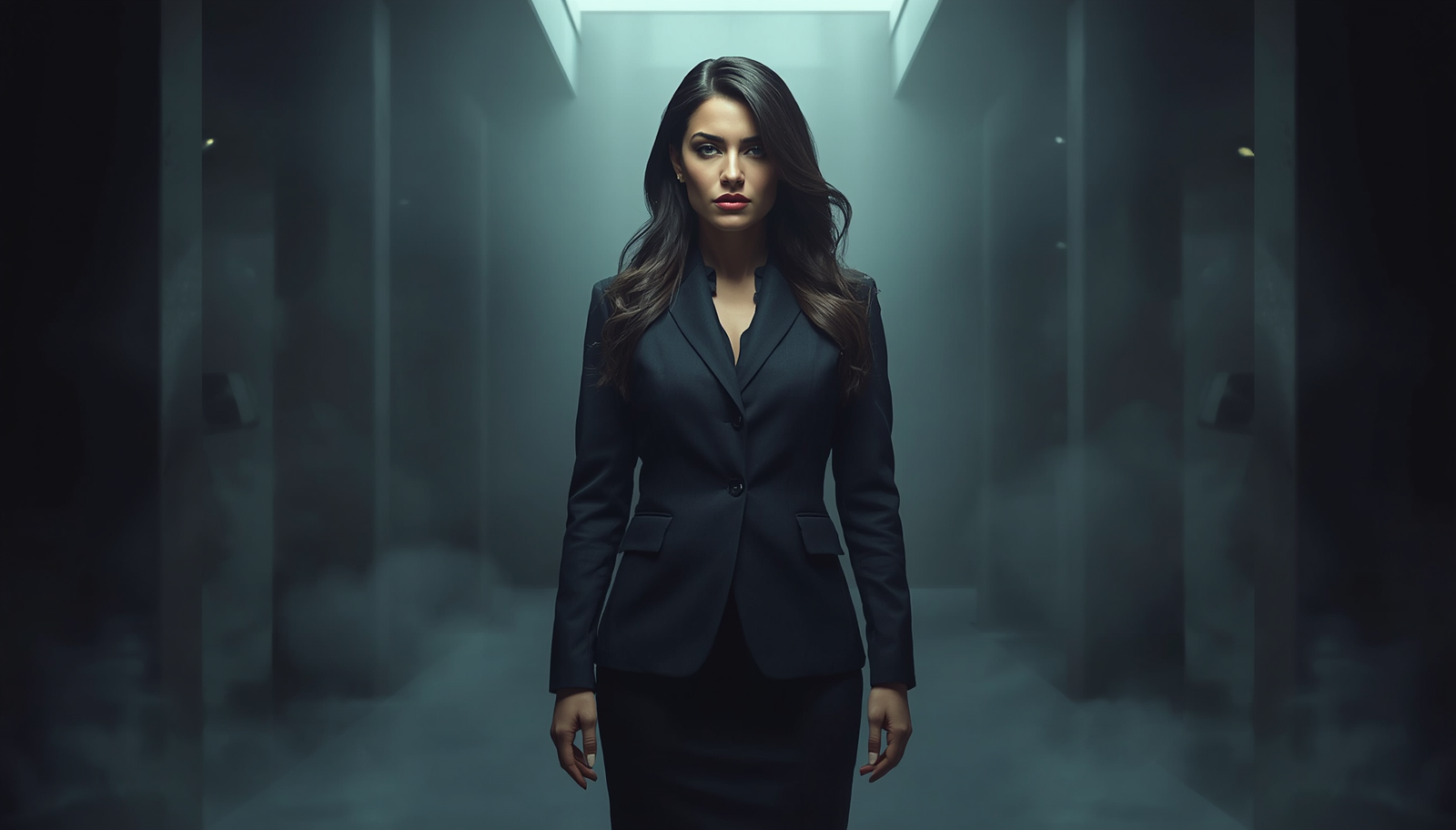 Serious brunette woman leader standing in empty office — symbolizing AI leadership and the question: who will be the last employee standing?