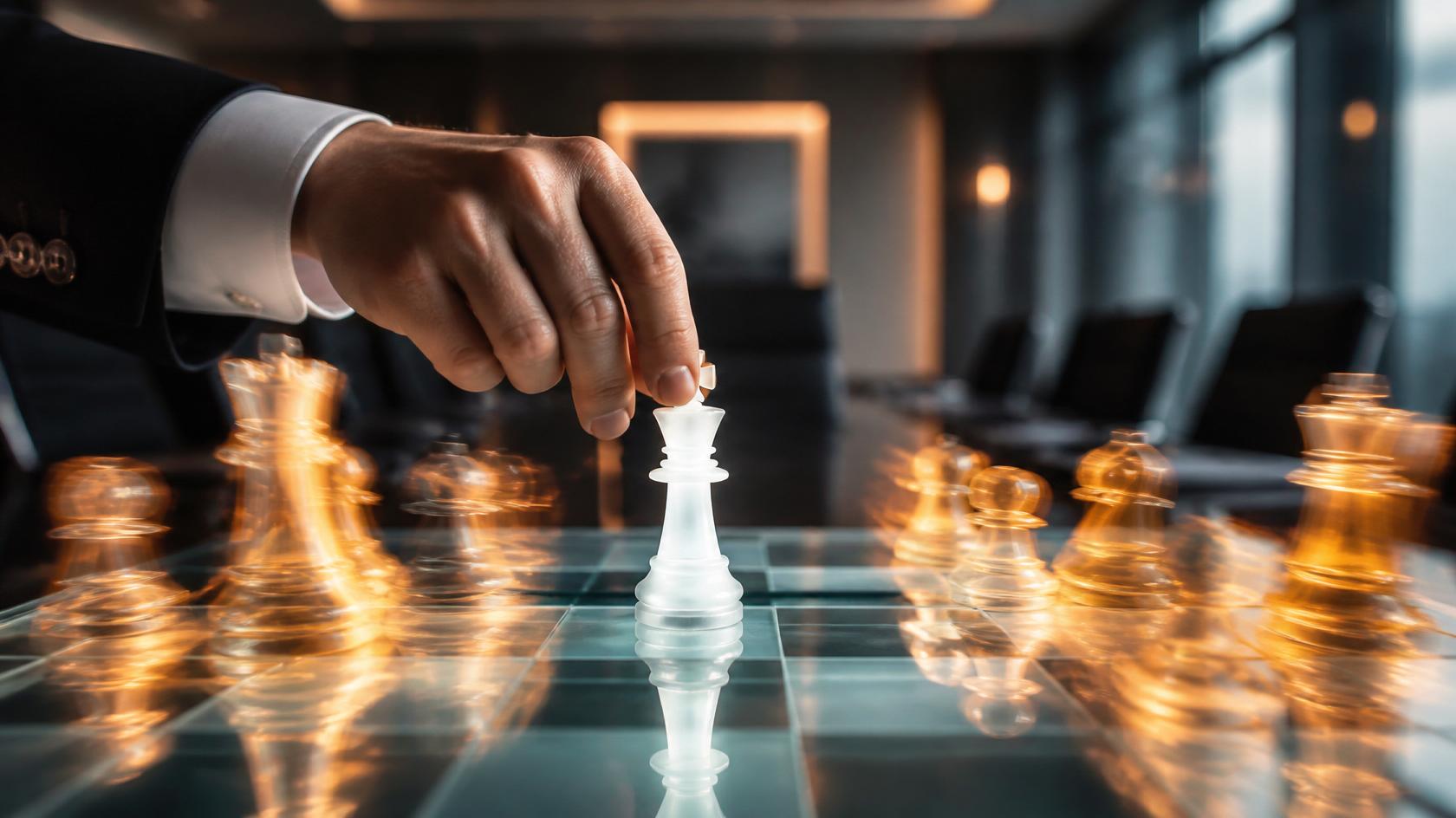 Close-up of a executive's hand moving a glowing white king chess piece on a glass board, while surrounding golden pieces blur with motion in a corporate boardroom setting.