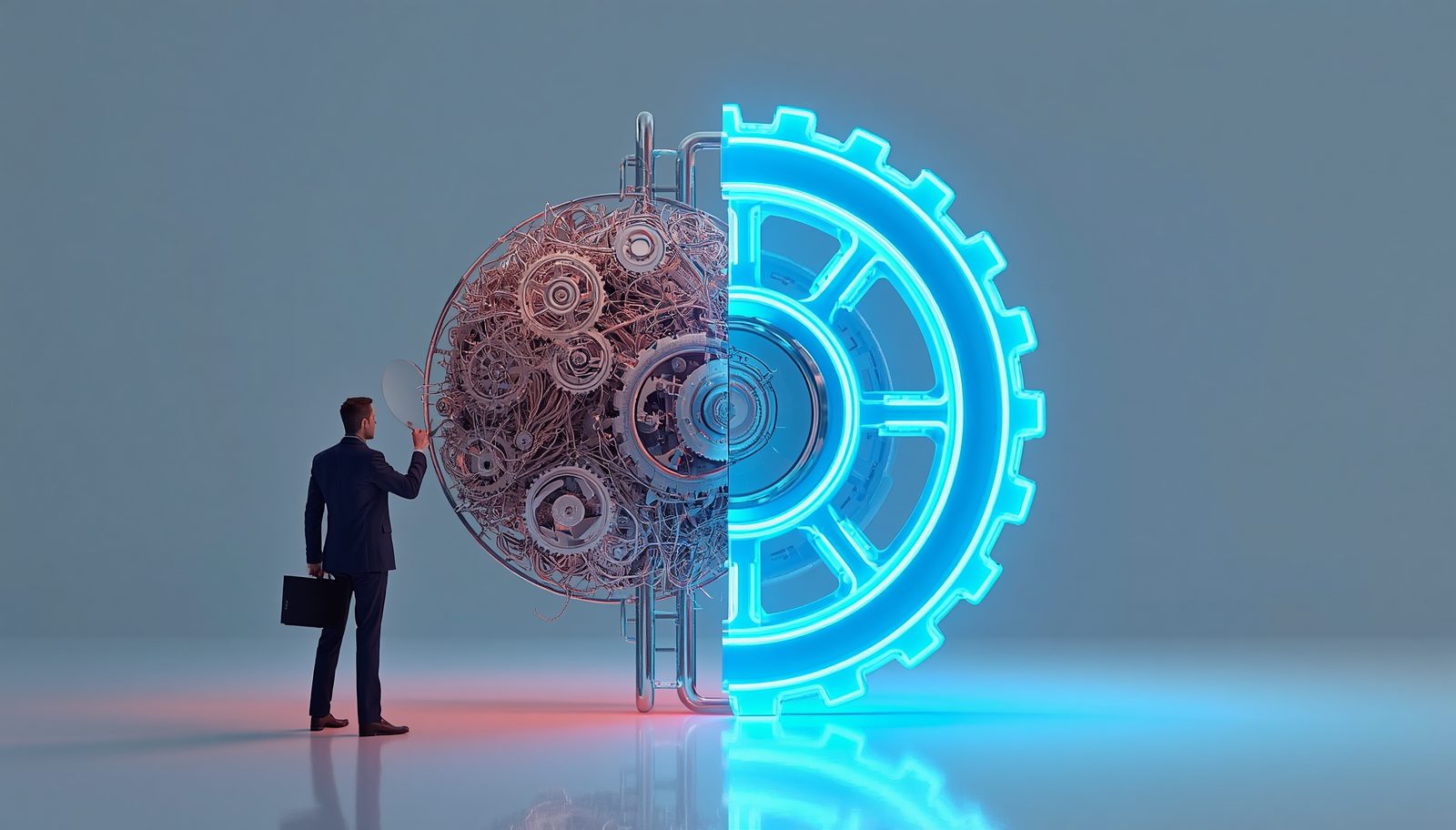 A business leader using a magnifying glass to examine process gears before scaling artificial intelligence, representing an AI readiness audit.