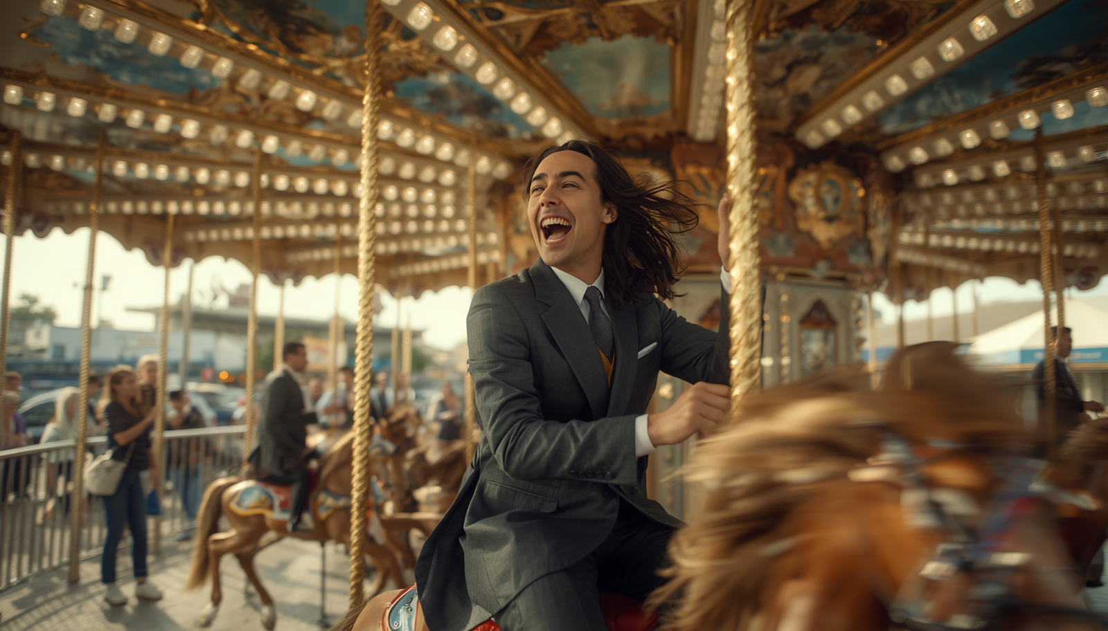 Executive leader riding a carousel horse, representing the cycle of 360 leadership assessment and identifying blind spots.