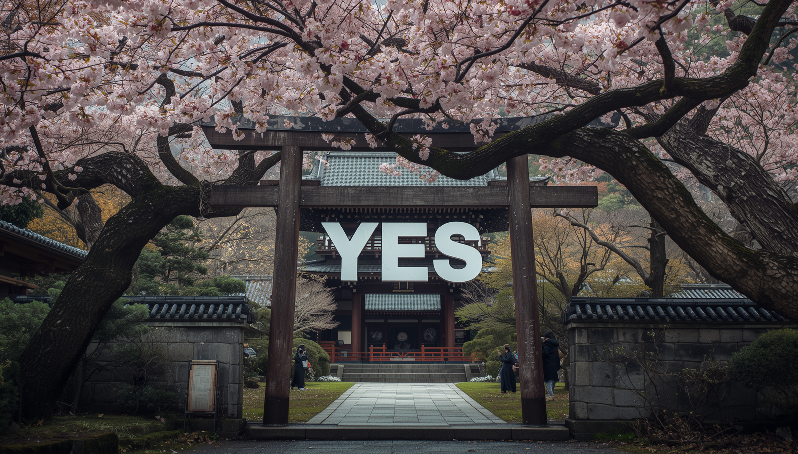 A giant YES sign framed by a traditional gate under cherry blossoms -- representing the automatic yes reflex leaders must overcome when saying no as a leader