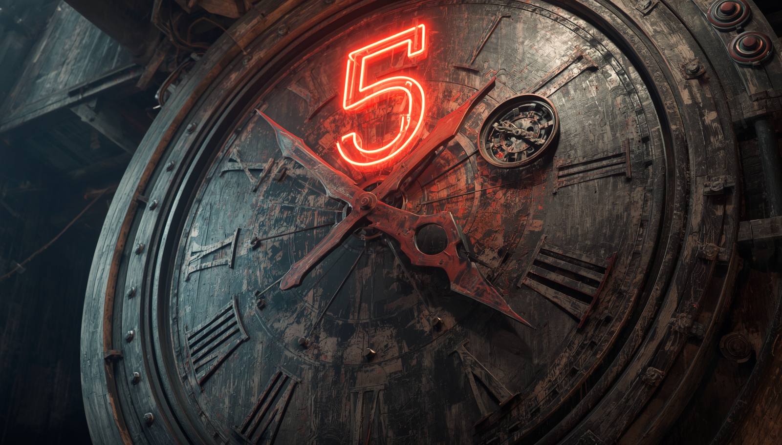 Gritty industrial clock with a glowing red neon number five representing the 5-minute daily leadership routine.