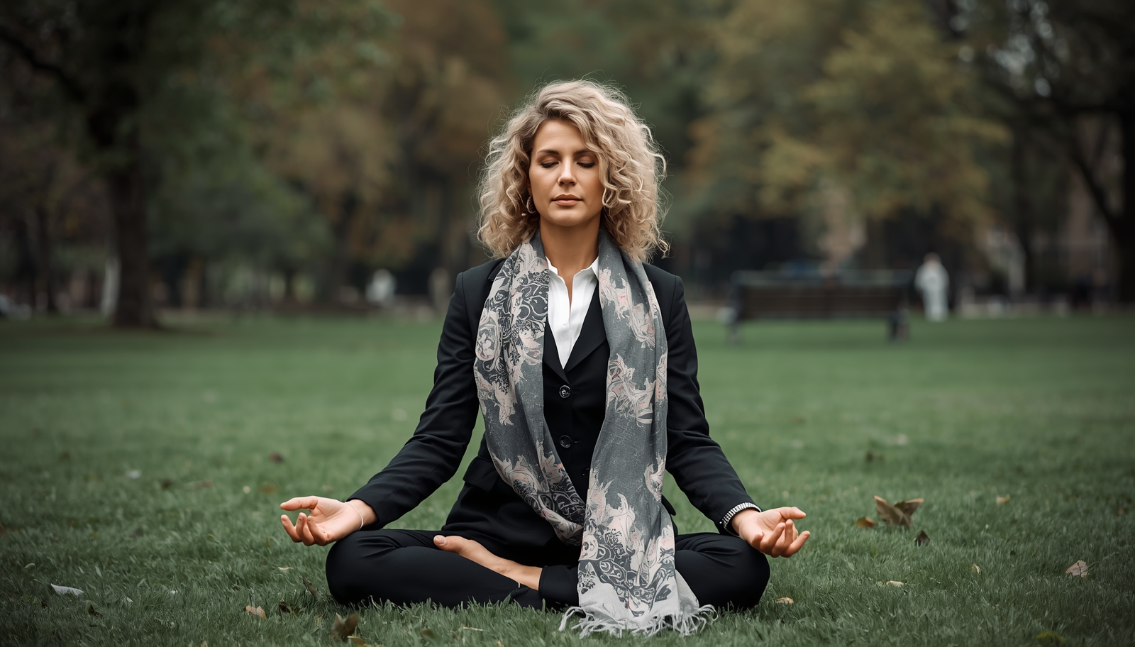 A blonde woman in a business suit and scarf meditating in a park, representing a CEO practicing the Quiet Hour for strategic leadership.