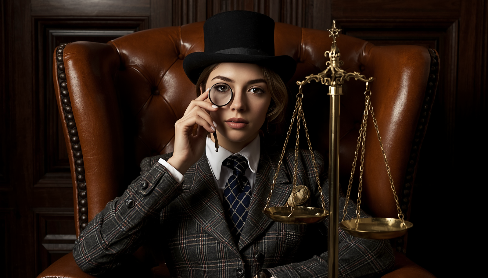 Cinematic portrait of a businesswoman in a vintage pinstripe suit and top hat, sitting in a leather armchair next to a gold scale of justice, representing calculated executive decisions.