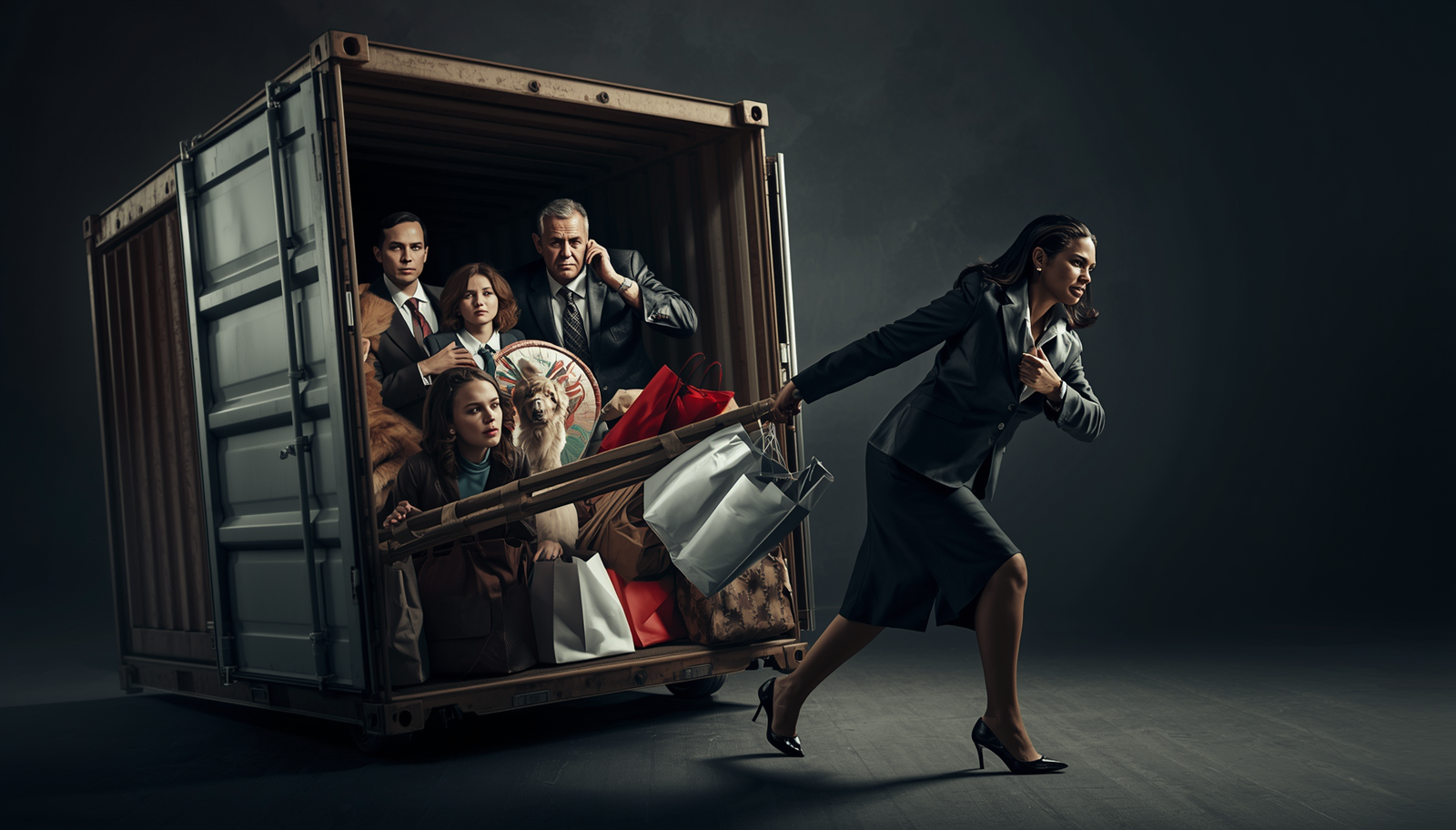 High-achieving leader in business attire straining to pull an overloaded cargo container carrying her children, elderly parent on the phone, pets, and shopping bags, representing the weight of leadership burnout and impostor syndrome.