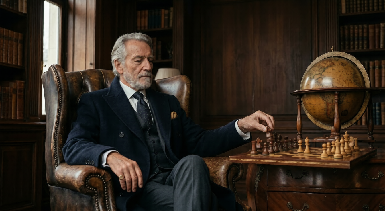 Senior executive making a deliberate chess move in a wood-paneled library, illustrating the strategic thinking required to avoid expensive leadership AI mistakes