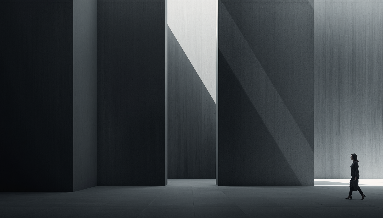 Minimalist architectural concrete structures with a person walking through a bright beam of light, symbolizing the choice between coach vs mastermind vs peer group formats.