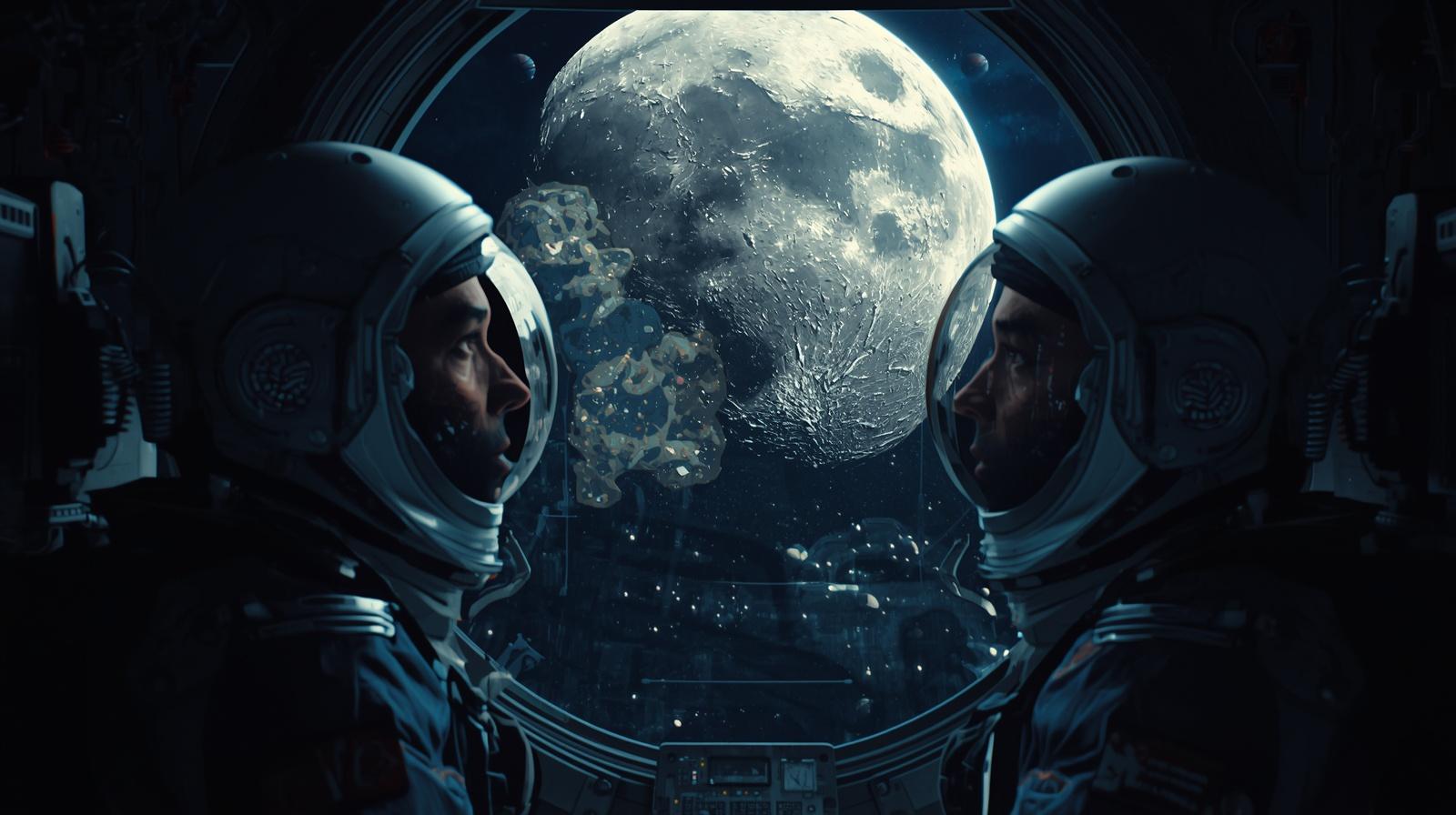 A cinematic image taken inside a futuristic spacecraft, showing two astronauts wearing advanced helmets and suits, looking out a large, circular viewport. They are positioned in profile, facing each other in the left and right foreground.