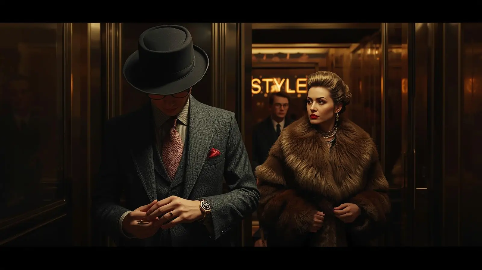Elegant man in a top hat checking a vintage Swiss pocket watch inside a luxurious old elevator, alongside a glamorous woman in a fur coat beneath a golden neon 'STYLE' sign.