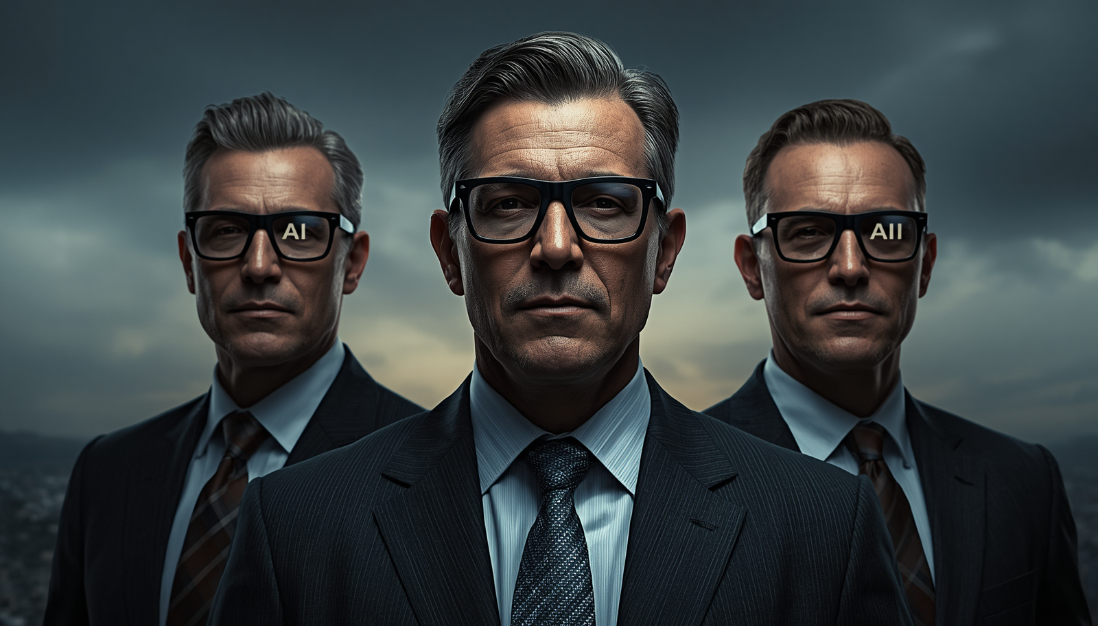 Three sophisticated corporate executives and CEOs wearing suits, with glowing AI text reflected in their glasses, representing strategic AI leadership and decision-making.