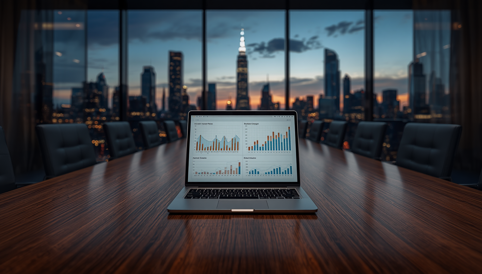 Modern corporate boardroom at dusk showing laptop with financial charts on a mahogany table, representing an executive coaching cost analysis.