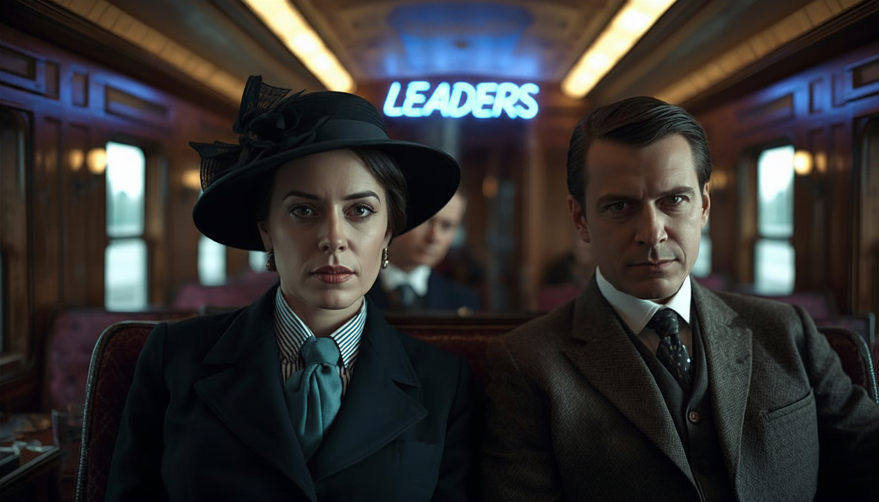 Executive coaching cost per hour weighed by two composed leaders in a vintage train carriage