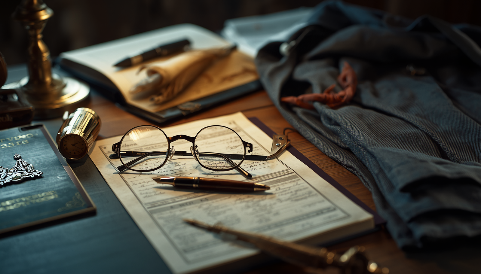 Cinematic secretary desk with vintage glasses, fountain pen, and draped jacket symbolizing CEO leadership and executive decision-making in a sophisticated workspace