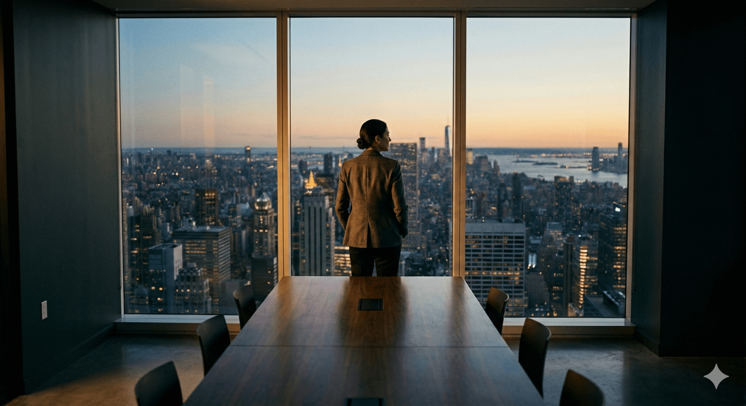 CEO standing at boardroom window reflecting on leadership values and trust