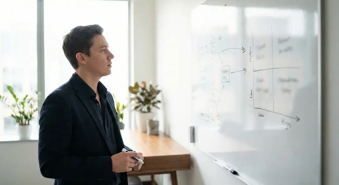Business owner reviewing a leadership assessment framework on a whiteboard in a modern office setting