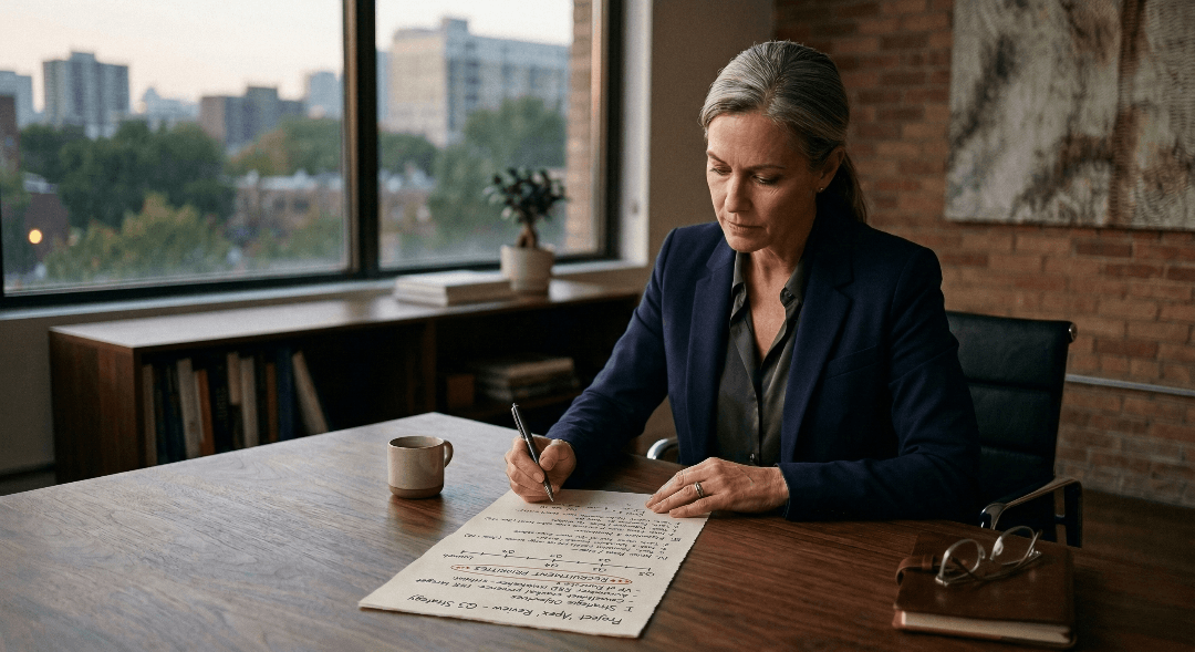 Executive reviewing handwritten core values notes at a desk, pen in hand, representing the decision-based process for how to define core values