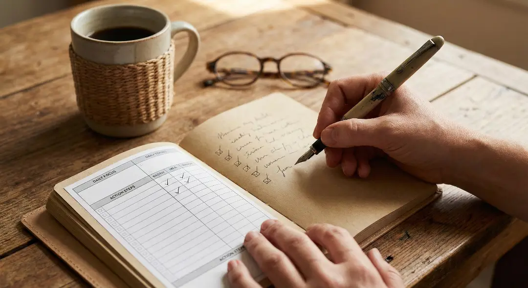 Close-up of hands writing a structured leadership protocol in a planner after completing a leadership assessment
