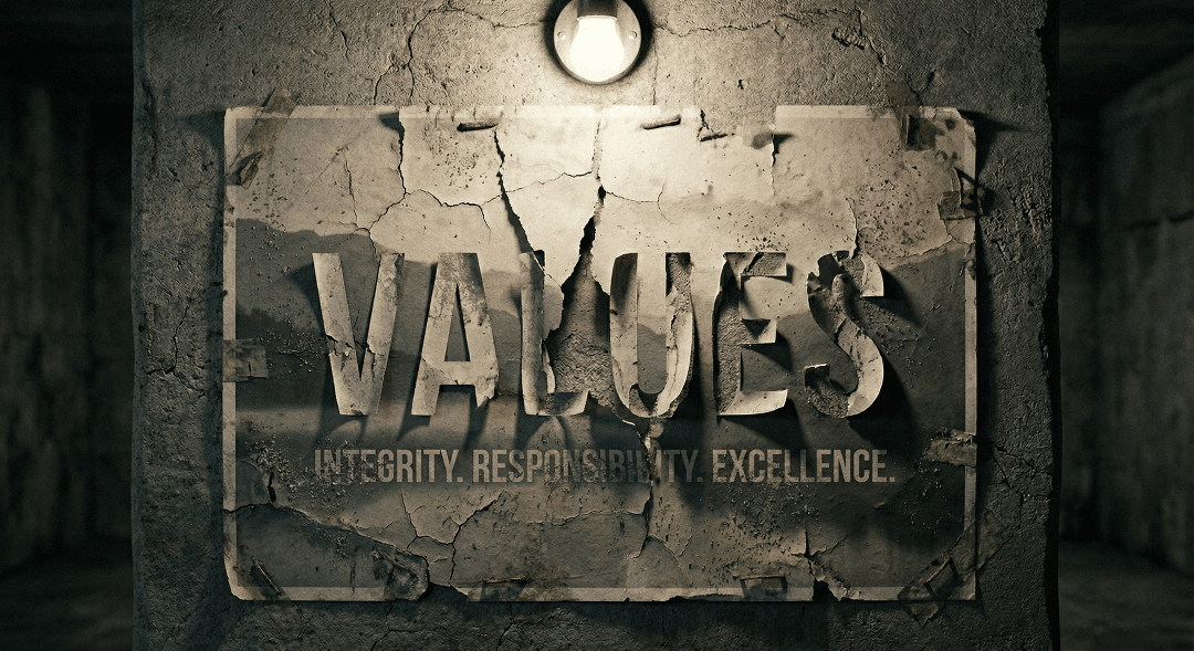 Motivational poster with the word Values peeling off a concrete office wall, symbolizing how surface-level core values fail under pressure