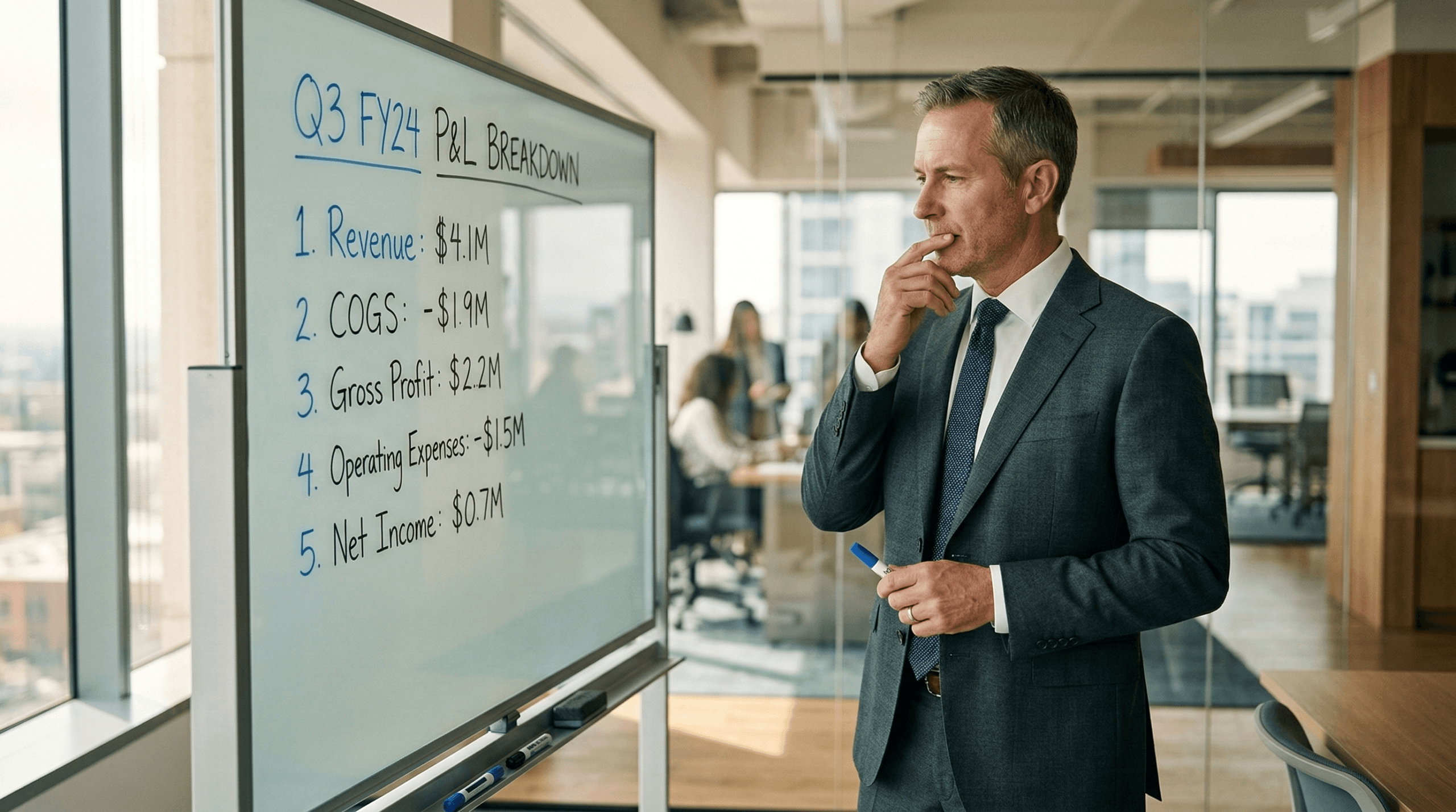 CEO reviewing core values business impact on a P&L whiteboard in a modern office