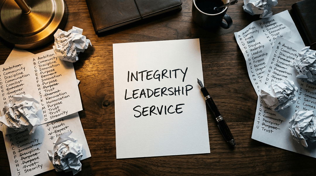 Core values list narrowed to three values on paper surrounded by discarded alphabetical word lists on an executive desk