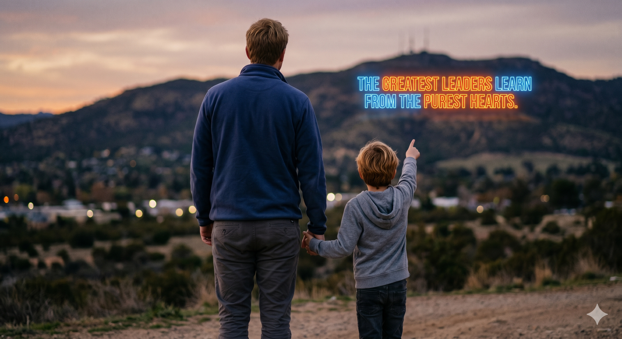 A tall father and his 8-year-old son with matching blond hair seen from behind, holding hands as the son points toward a hill with a glowing neon sign reading 'The greatest leaders learn from the purest hearts.