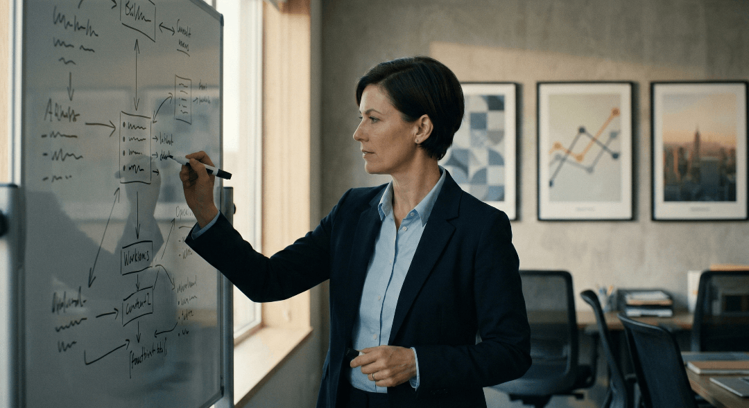 CEO making core values in the workplace operational with team in modern office