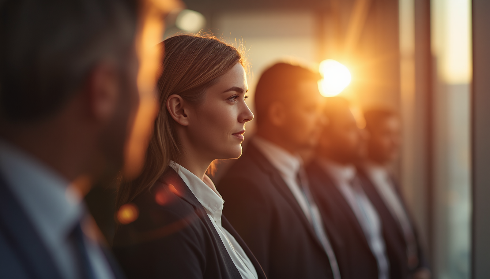 Business team standing together in profile at golden hour, one woman looking ahead thoughtfully, illustrating how to give feedback to your boss.
