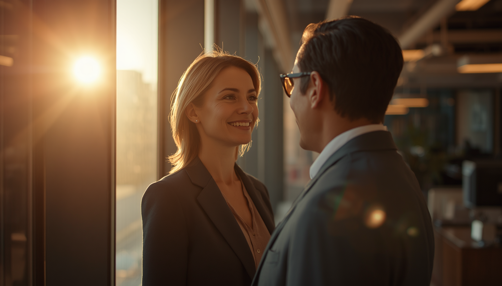 Two business professionals in a candid conversation by an office window at golden hour, illustrating how to give feedback to your boss.