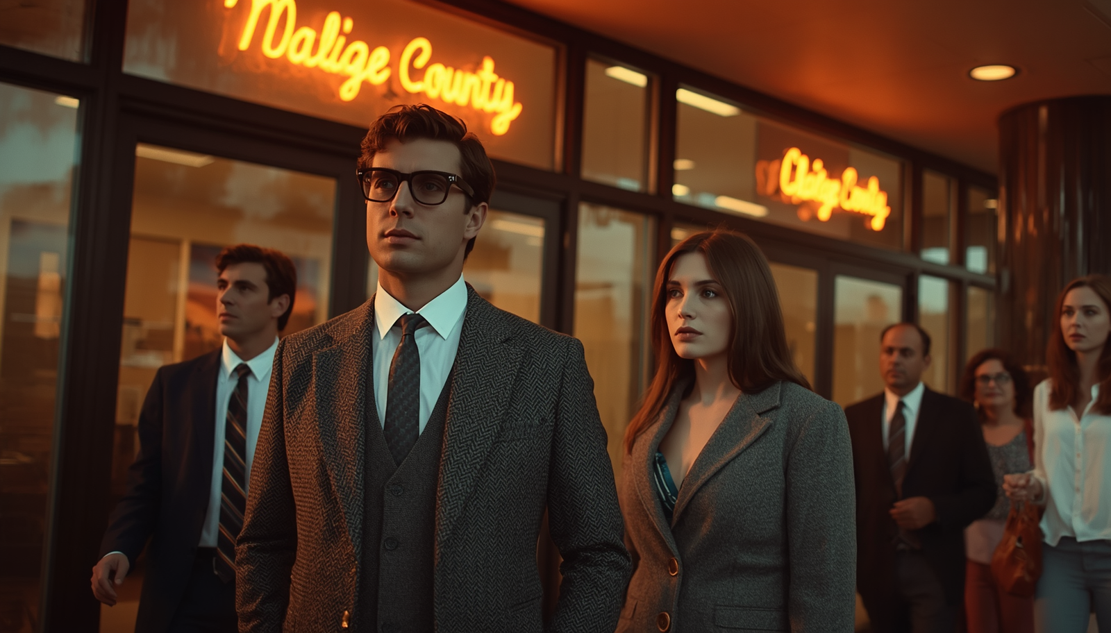 Cinematic 1980s-style photograph of sharply dressed business professionals standing outside a luxury Orange County office building at twilight, illuminated by warm orange and amber neon lights, capturing an old-money corporate aesthetic.
