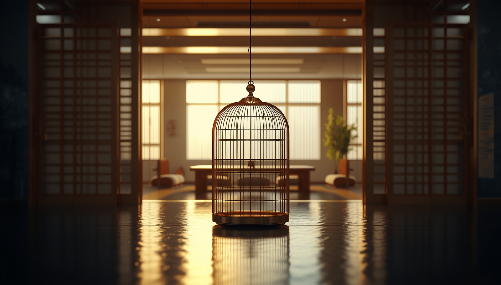 Golden birdcage in a minimalist Japanese office symbolising the leadership bottleneck that traps founders