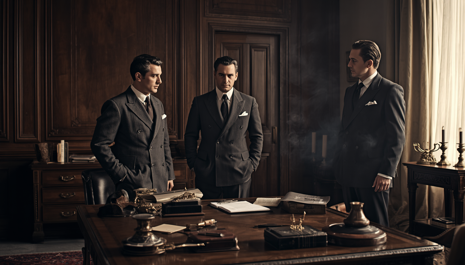 A realistic 1940s vintage photograph of three leaders inside a Swiss bank office, illustrating how to choose an executive coach with real operational experience.