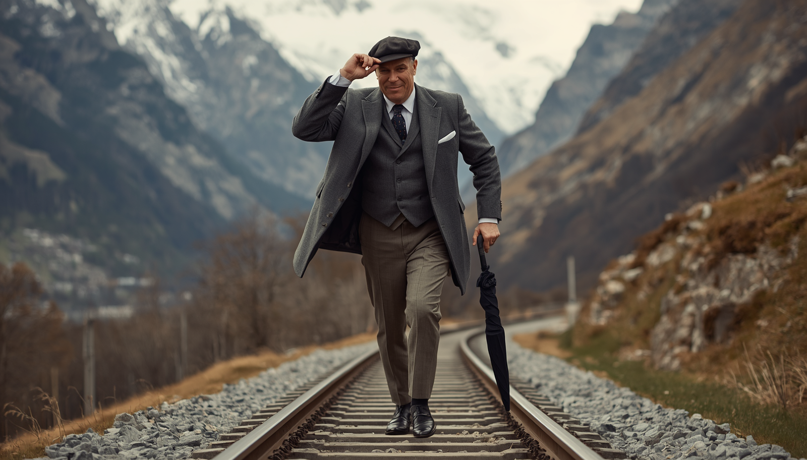 Executive walking with purpose on empty railroad tracks in mountain valley, representing white space and strategic decision-making for leaders