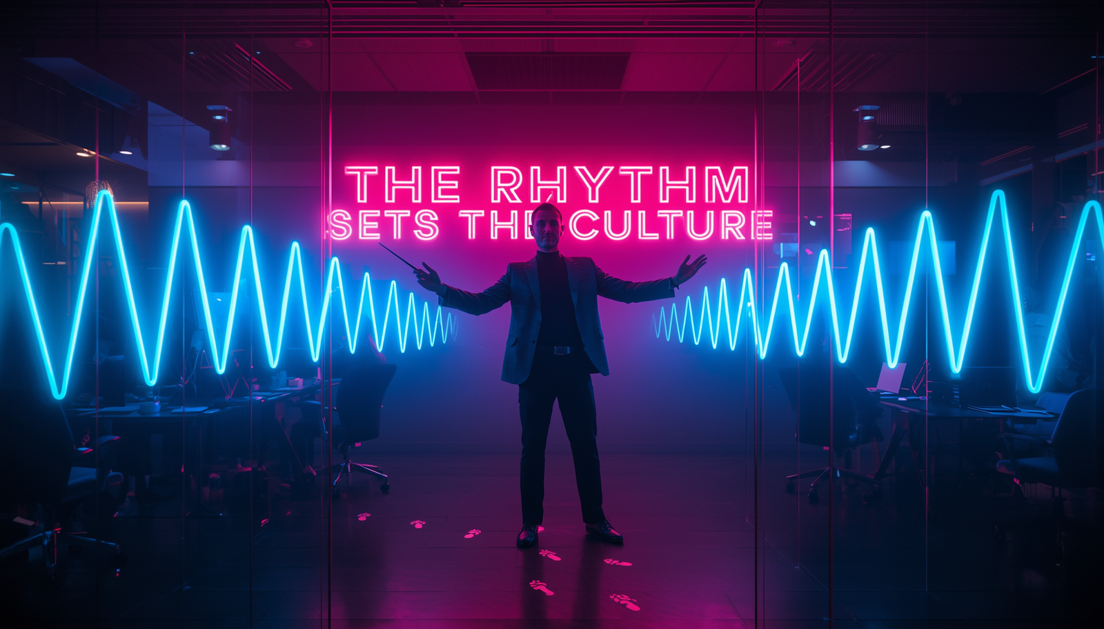 A male leader in a charcoal blazer conducts an invisible orchestra inside a neon-lit glass office, with glowing cyan and magenta sound waves forming a heartbeat rhythm — visualizing how leadership rituals shape company culture every morning.