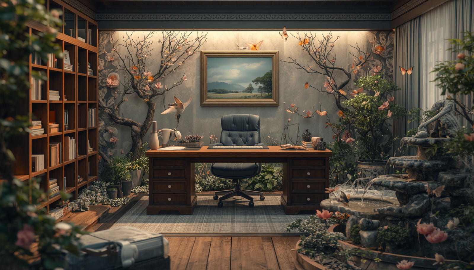 Serene executive office blending desk, bookshelf, plants and a fountain, symbolizing leader well-being and balance