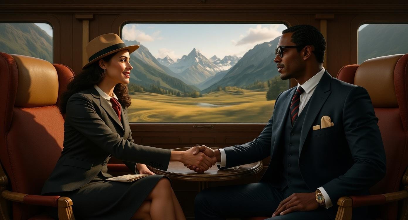 A professional man and woman in business attire shaking hands inside a luxury train car with a scenic mountain landscape visible through the window.