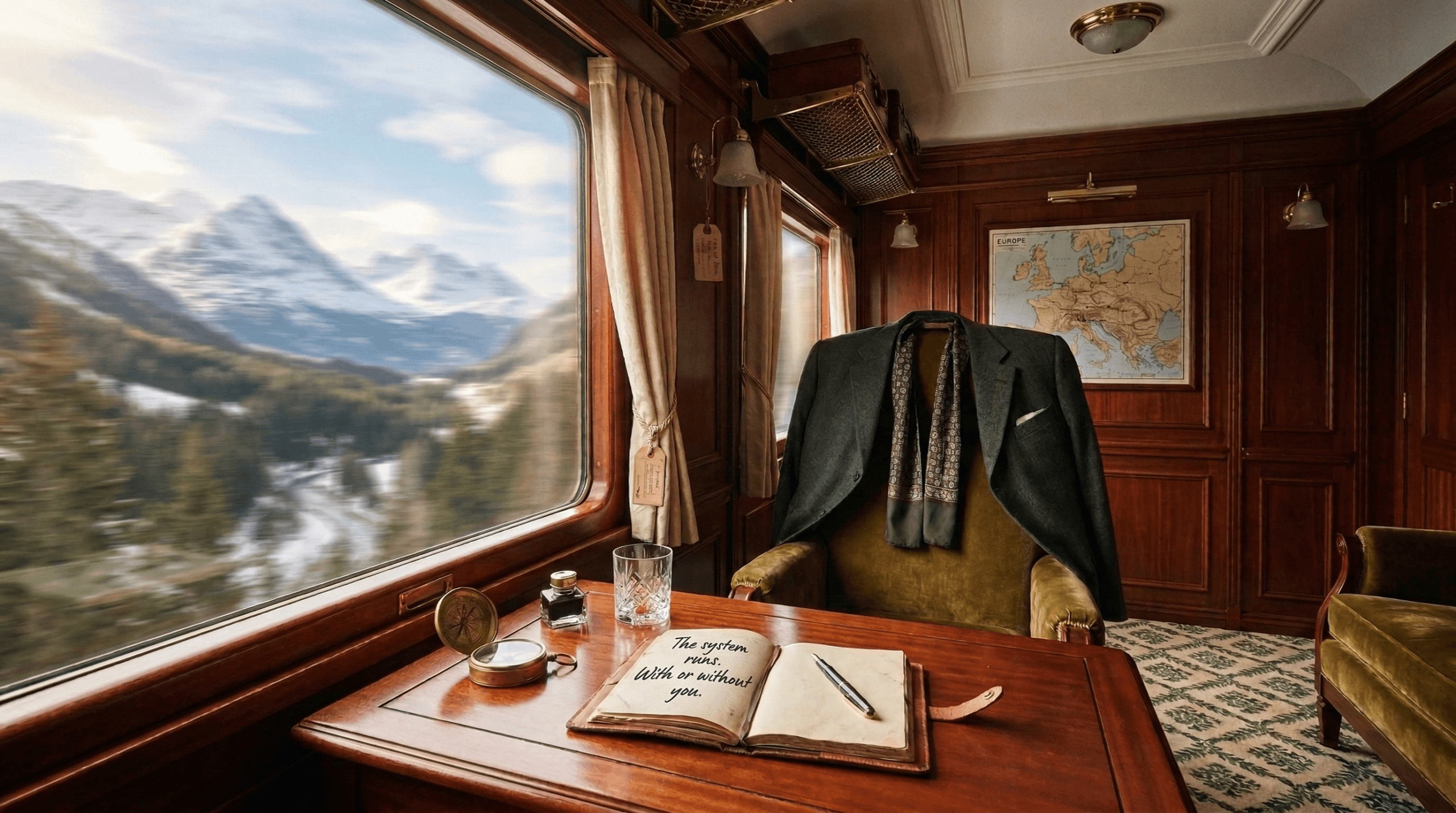 Empty Orient Express compartment with open journal reading "The system runs. With or without you." — brass compass and suit jacket on chair, Alpine mountains through window, representing values-based leadership as an operating system