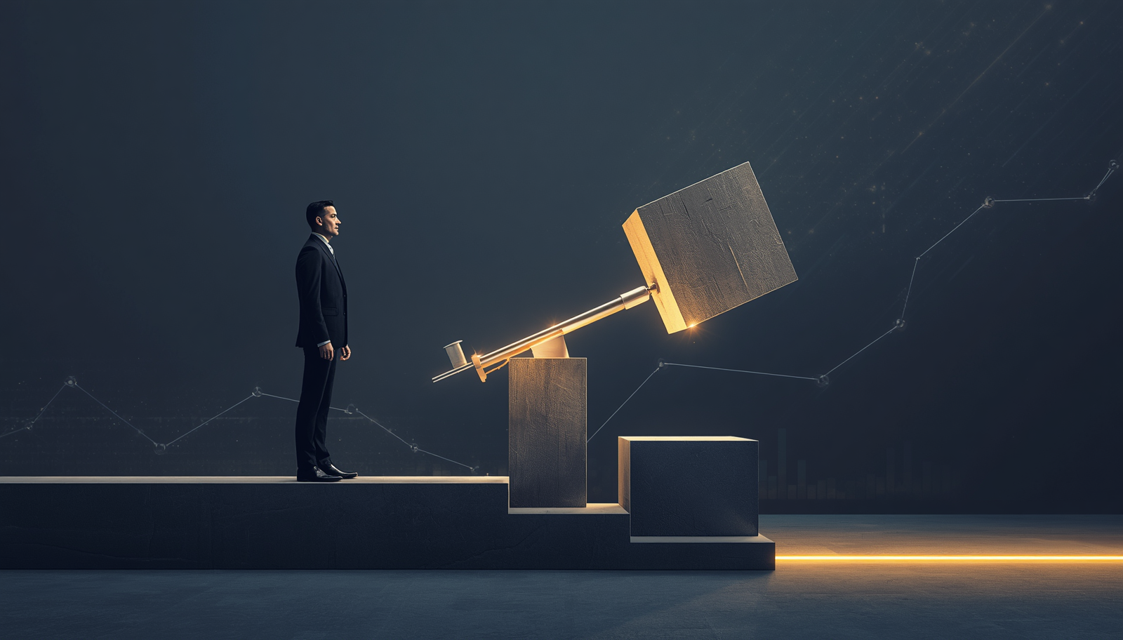 A minimalist conceptual illustration demonstrating leadership AI readiness with an executive standing next to a modern stone lever that is multiplying a heavy geometric block.