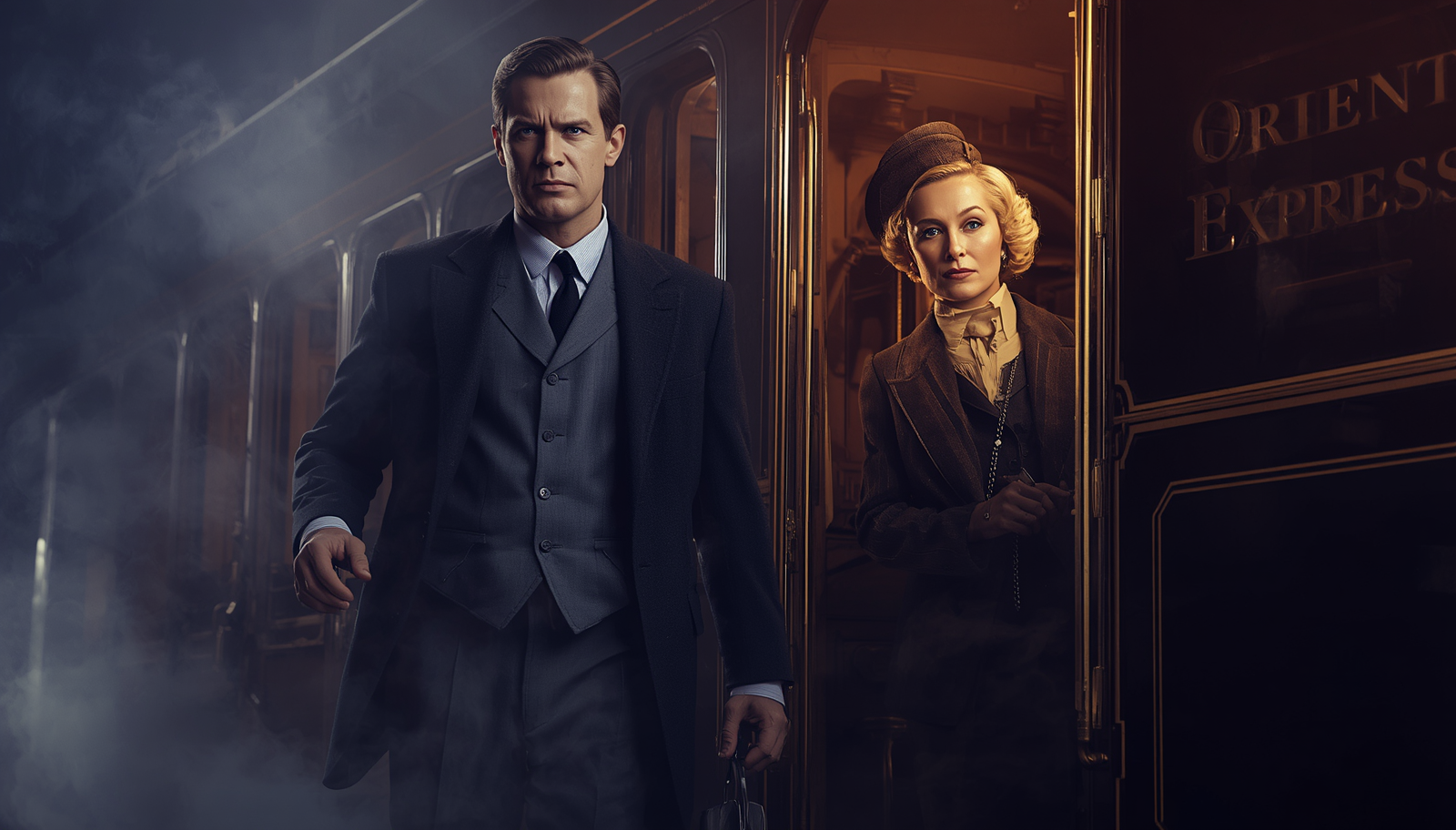 Confident male and female business leaders in classic attire emerging from fog beside Orient Express train, representing different leadership styles and authoritative presence"