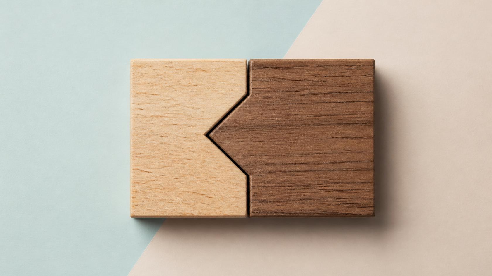 Two minimalist geometric wooden blocks, one light and one dark, fitting perfectly together like puzzle pieces against a split pastel blue and beige background, symbolizing alignment and managing up.