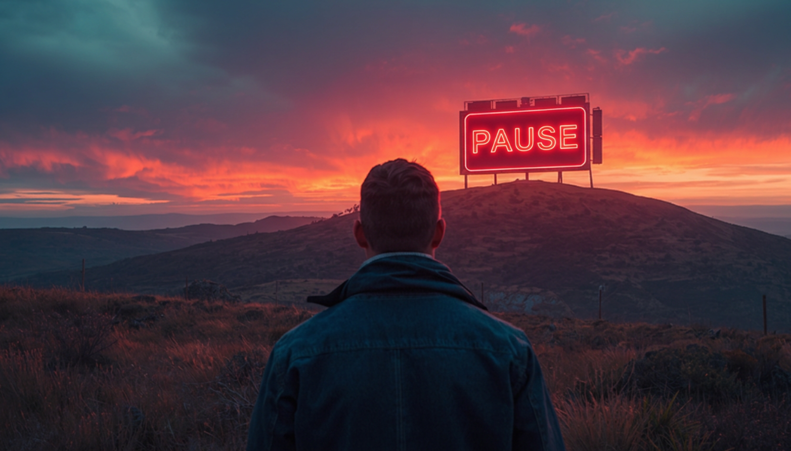 Man looking at a red neon billboard that says PAUSE on a hill during sunset, illustrating the 5 Minute Sunday Reset protocol for founders.