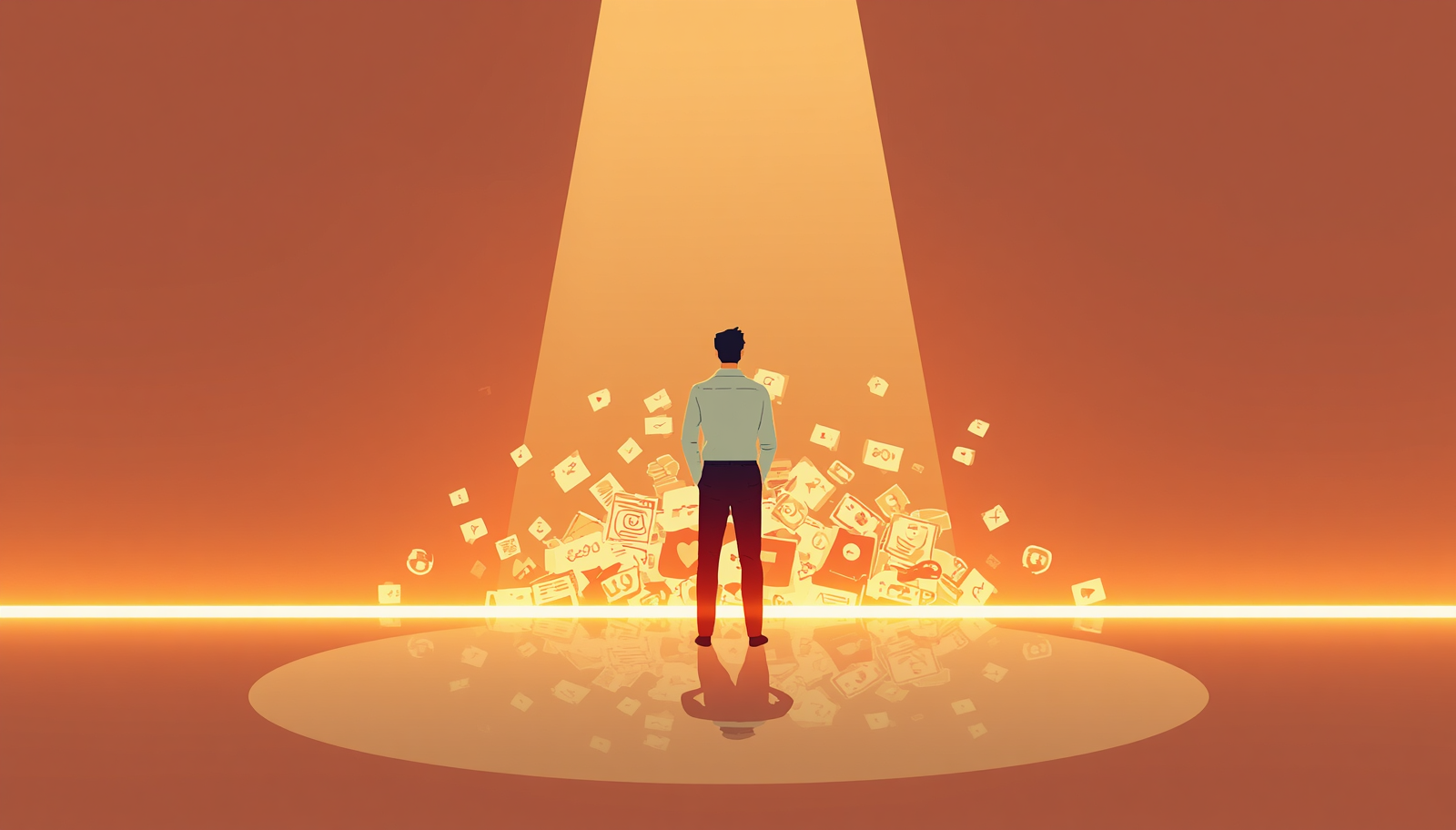 Professional standing calmly behind a glowing line that separates their tidy space from a chaotic pile of work notifications, illustrating how to set boundaries at work.