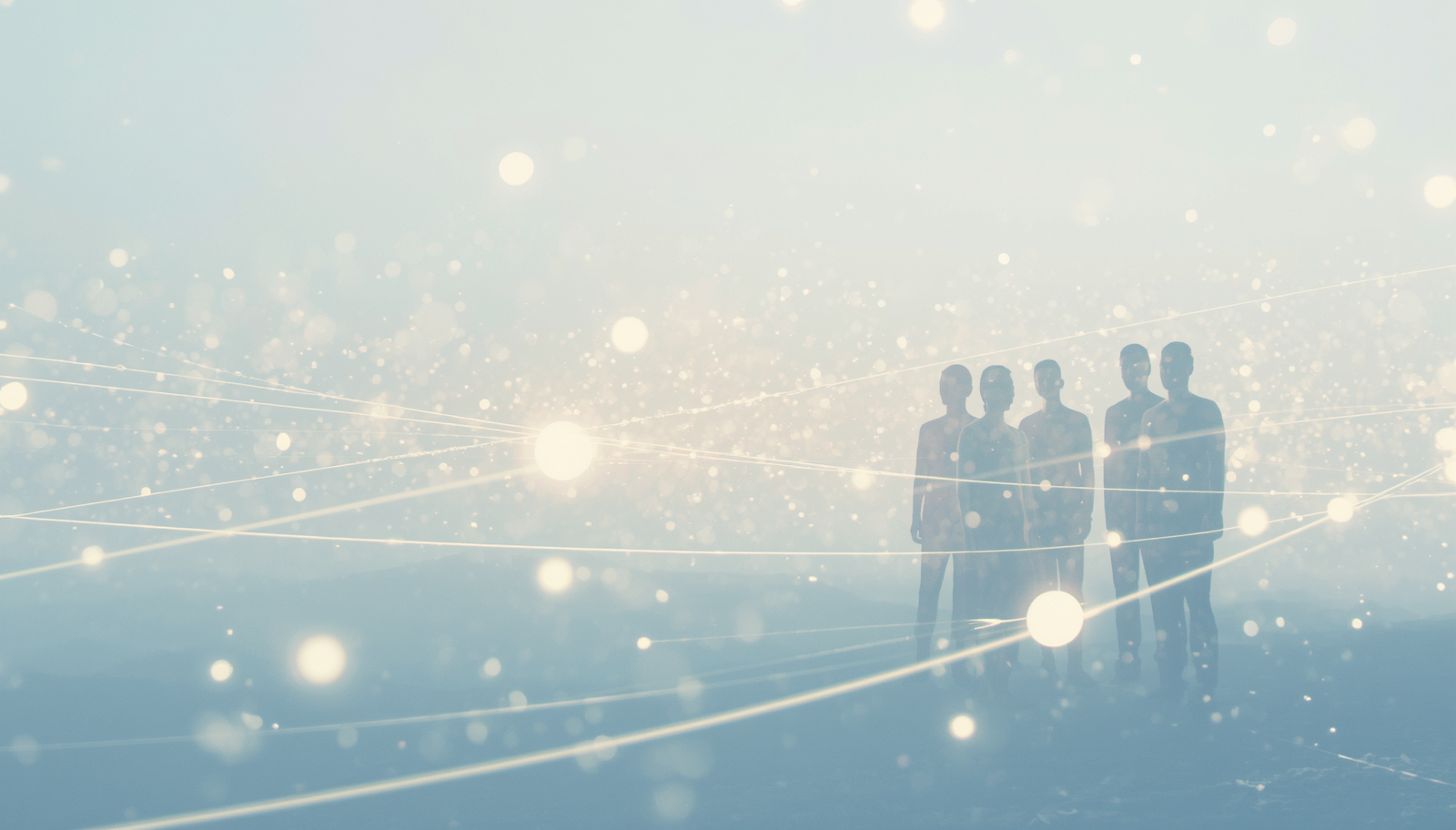 Bright abstract image of calm connected figures as soft light and symbols flow around them, illustrating how to deal with a difficult boss.