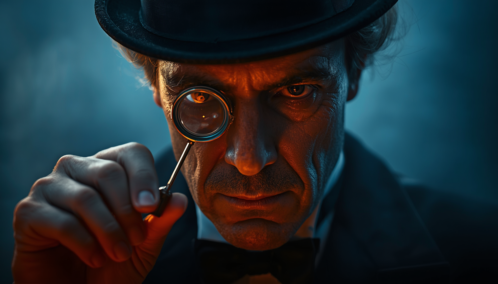 Cinematic portrait of a distinguished leader in top hat and monocle examining with intense focus against atmospheric blue fog and warm lighting