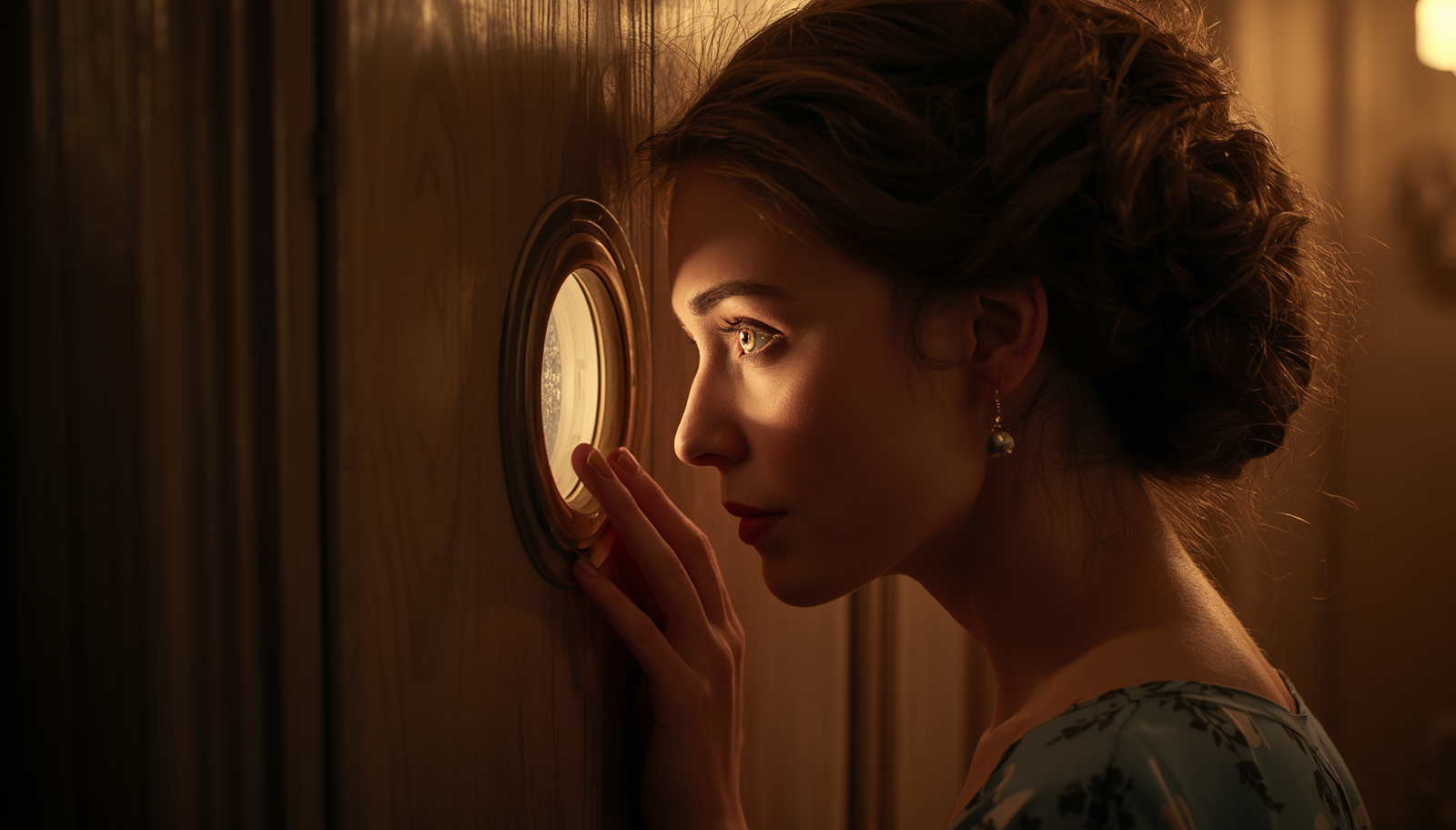 Elegant woman with eye pressed to door peephole looking through with curious expression in warm cinematic lighting
