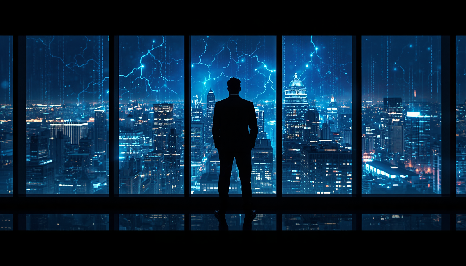 Silhouette of a corporate business leader looking at a glowing neon neural network city skyline, representing an advanced CEO AI strategy.