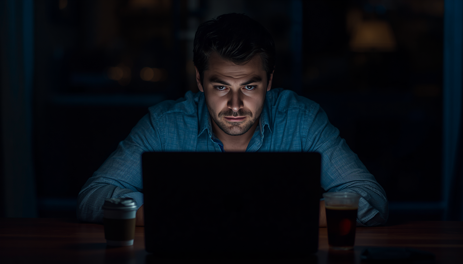 A weary entrepreneur works late at night at his kitchen table, illuminated by the glow of his laptop.